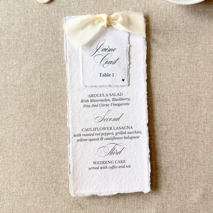 Ivory wedding dinner menus with name cards on handmade paper, set of 10