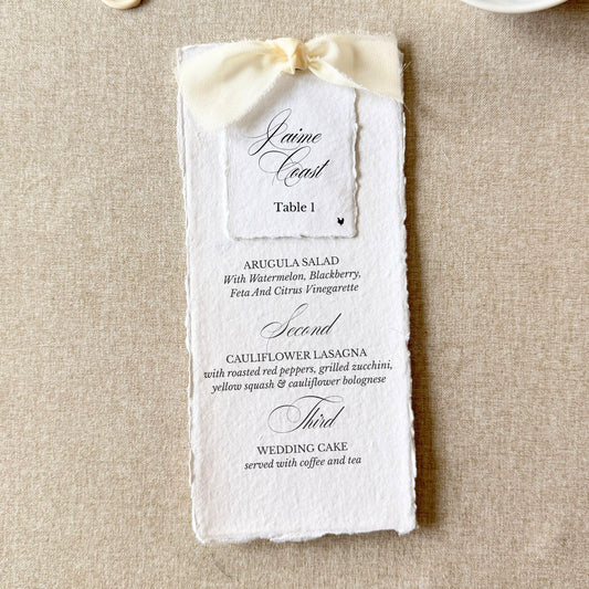 Ivory wedding dinner menus with name cards on handmade paper, set of 10