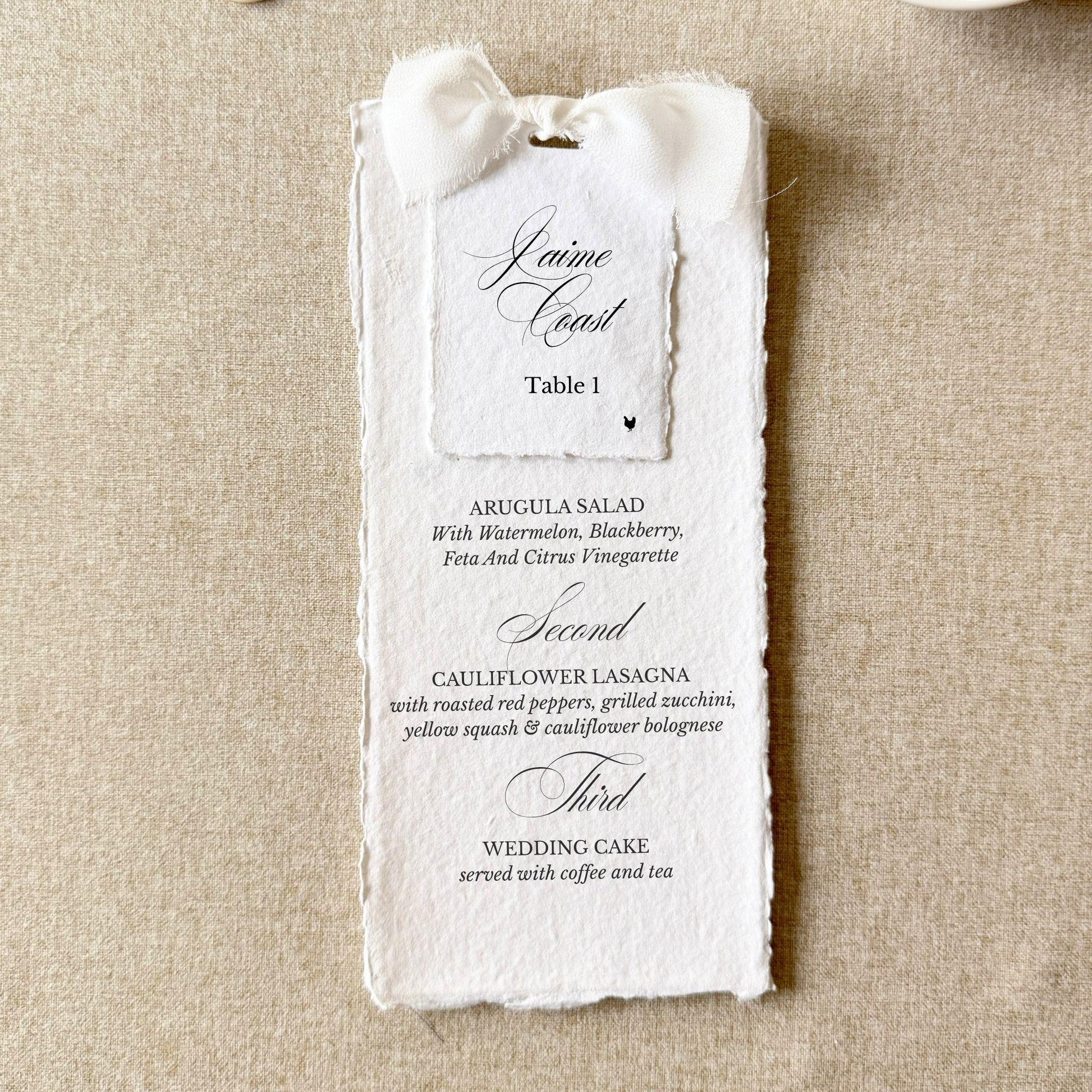 White wedding menus tied with a bow and name cards on handmade paper, set of 10