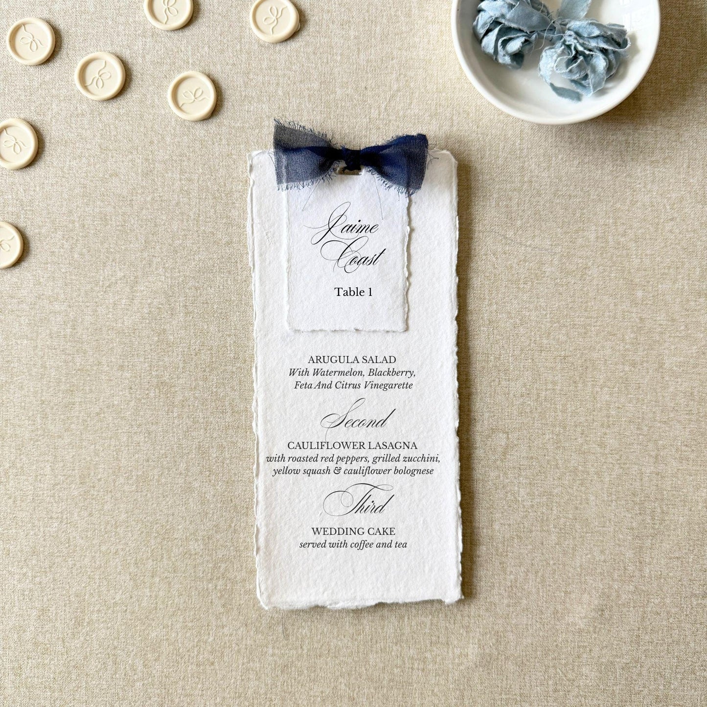 Navy Blue Rehearsal Dinner Menus with Name Cards | Handmade paper | Set Of 10