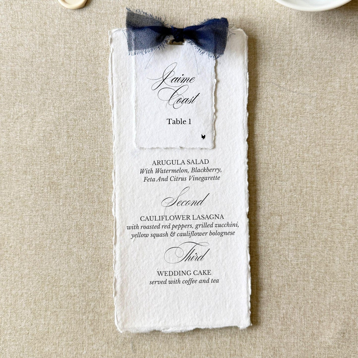 Navy blue rehearsal dinner menus with name cards printed on handmade paper, set of 10