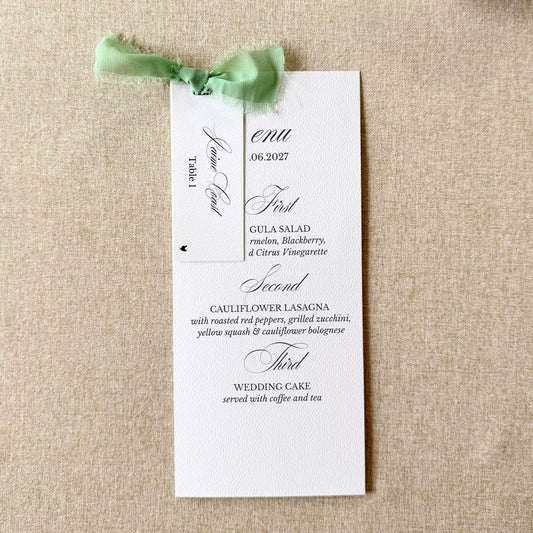 Sage green wedding dinner menus with place cards, set of 10