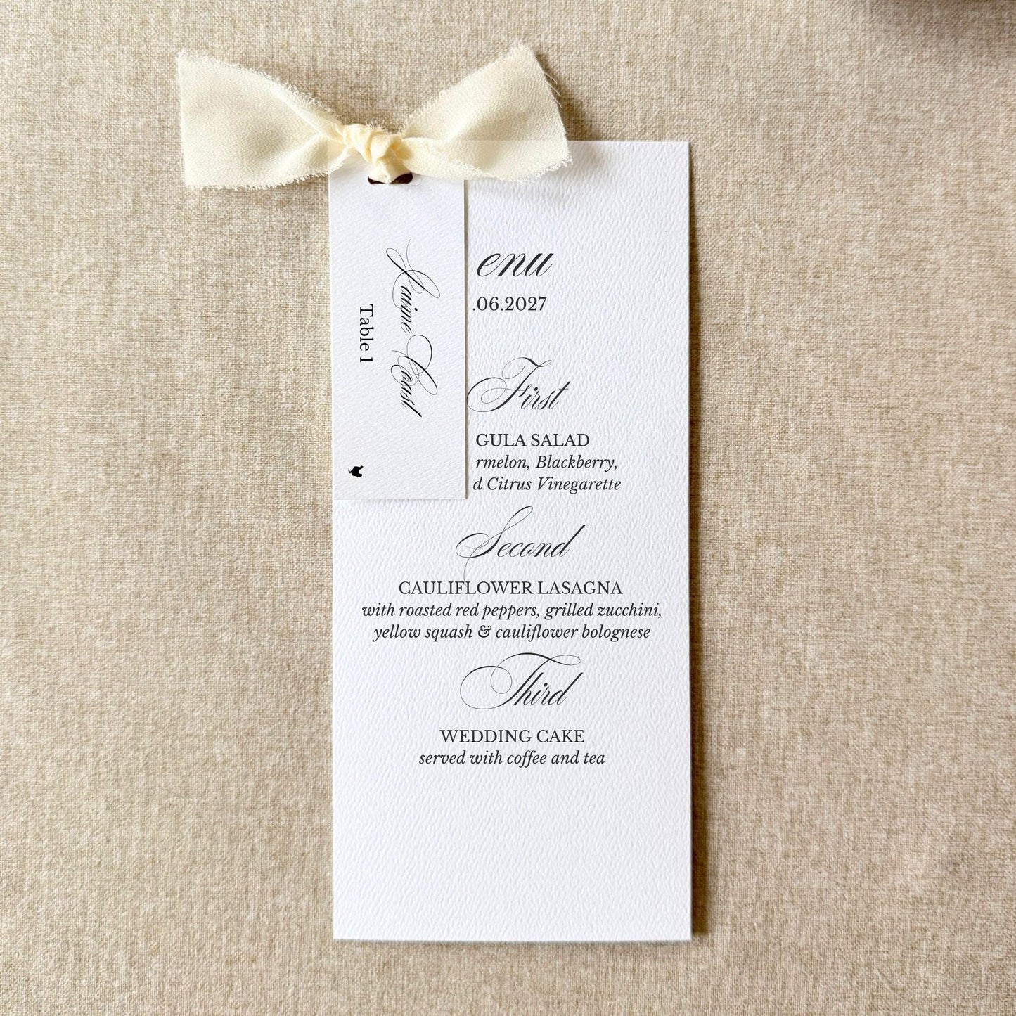 Ivory wedding dinner menus with place cards, set of 10