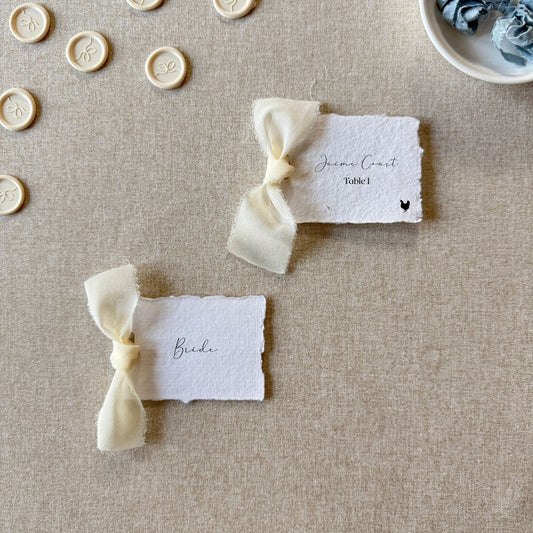 Handmade Paper Place Card with Ivory Ribbon | Set of 10 | Printed