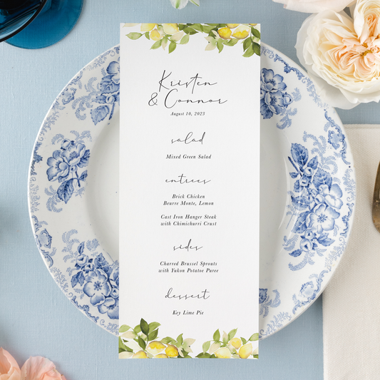 Semi-custom Lemon Watercolor Wedding Menu | Set of 10 | Printed