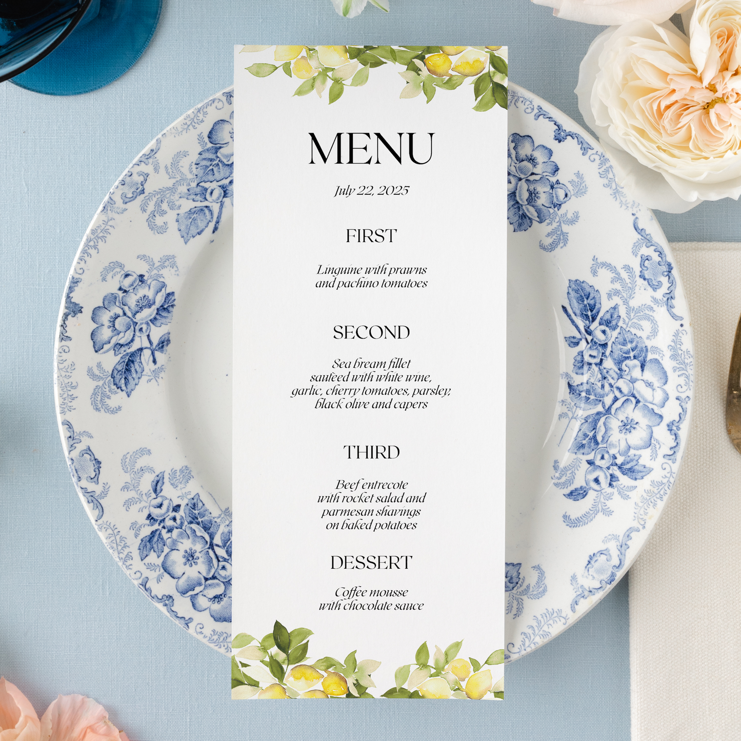 Semi-custom Lemon Watercolor Wedding Menu | Set of 10 | Printed