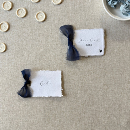 Handmade Paper Place Card with Navy Ribbon | Set of 10 | Printed