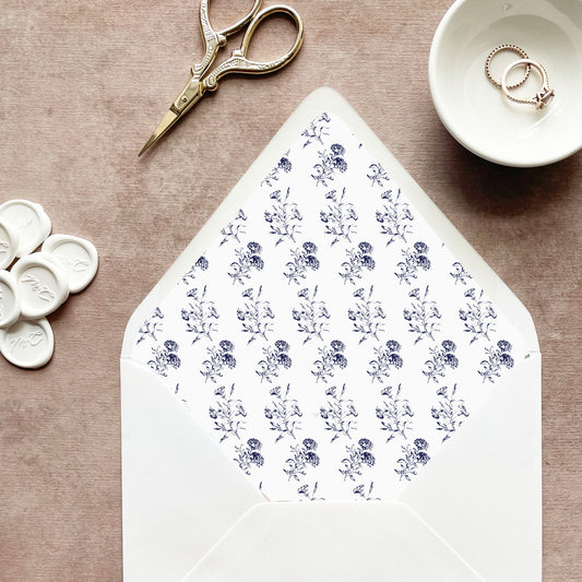 Navy Blue Toile Euroflap Envelope Liner | Set of 10 | For 5x7” invitations