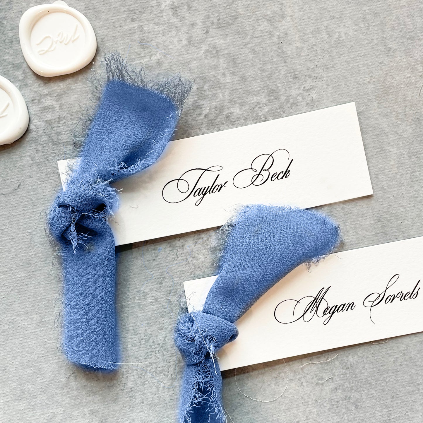 Slim Paper Place Card with Dusty Blue Ribbon | Set of 10 | Printed