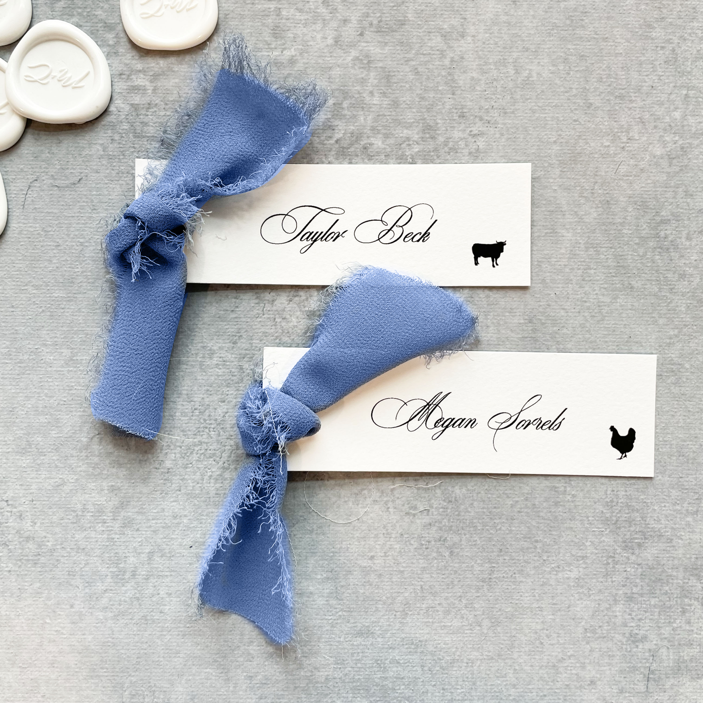 Slim Paper Place Card with Dusty Blue Ribbon | Set of 10 | Printed