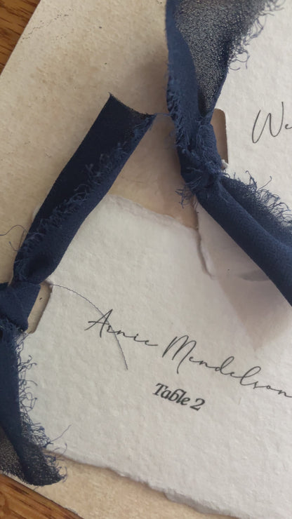Handmade Paper Place Card with Navy Ribbon | Set of 10 | Printed