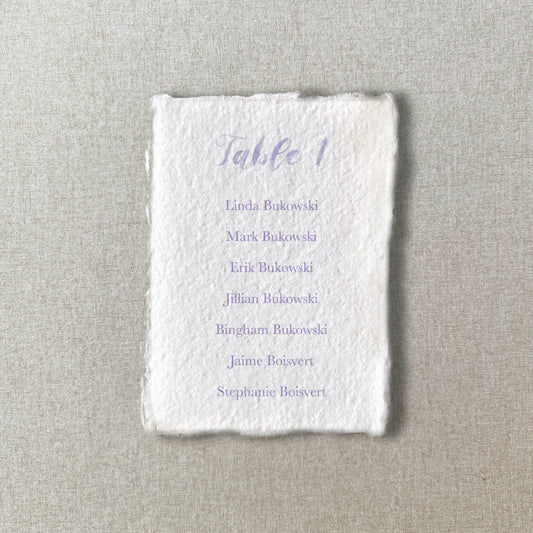 Lavender Handmade Paper Seating Chart Cards | Printed