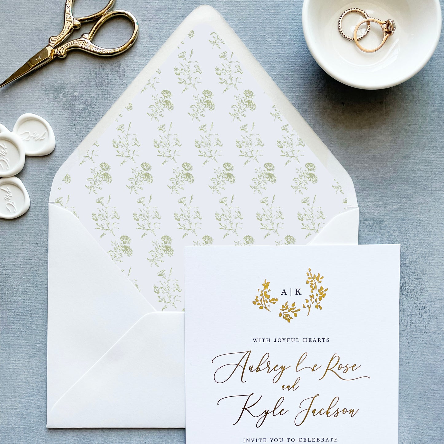 Sage Green Toile Euroflap Envelope Liner | Set of 10 | For 5x7” invitations