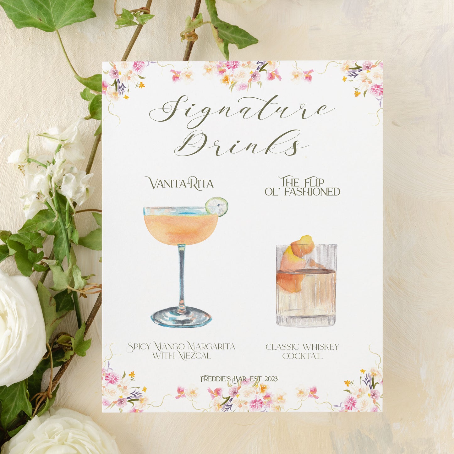 Custom Watercolor Cocktail Sign With Custom Cocktail Paintings