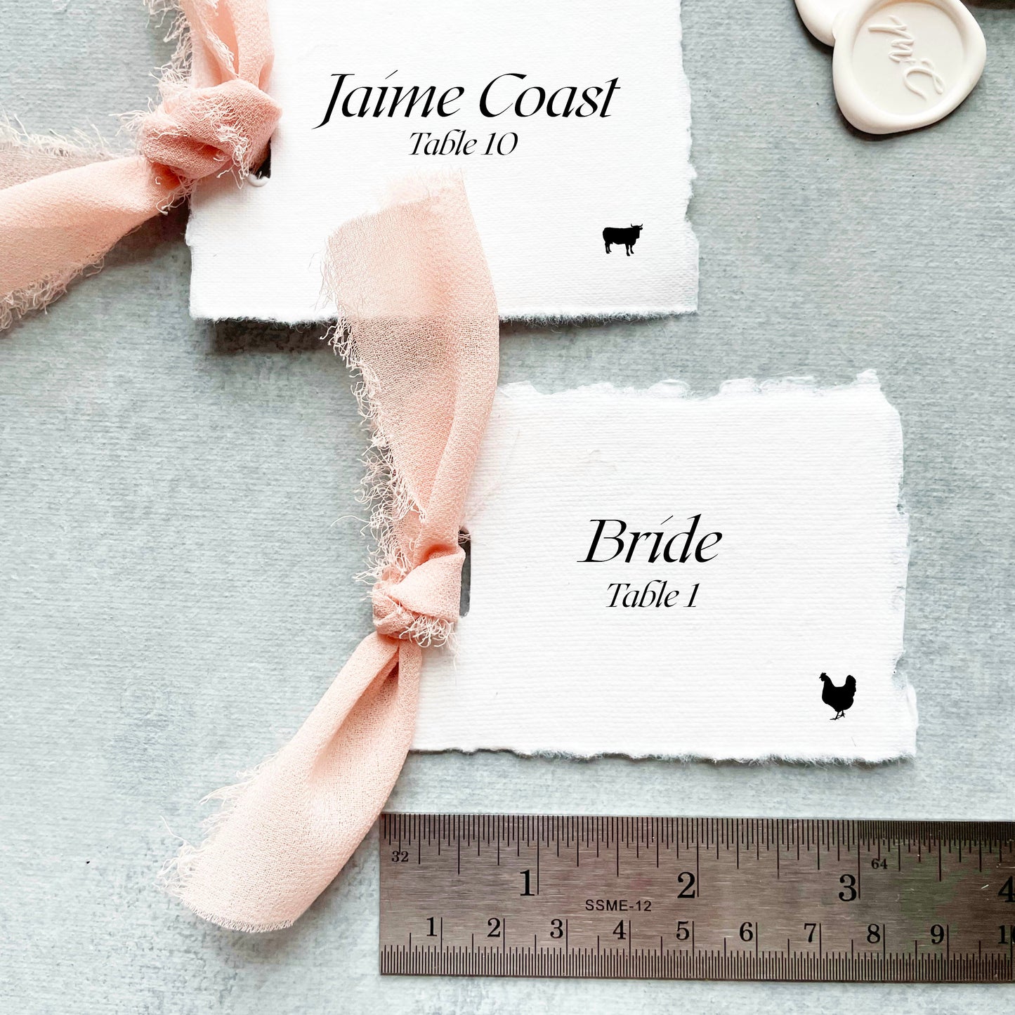 Handmade Paper Place Card with Blush Ribbon | Set of 10 | Printed