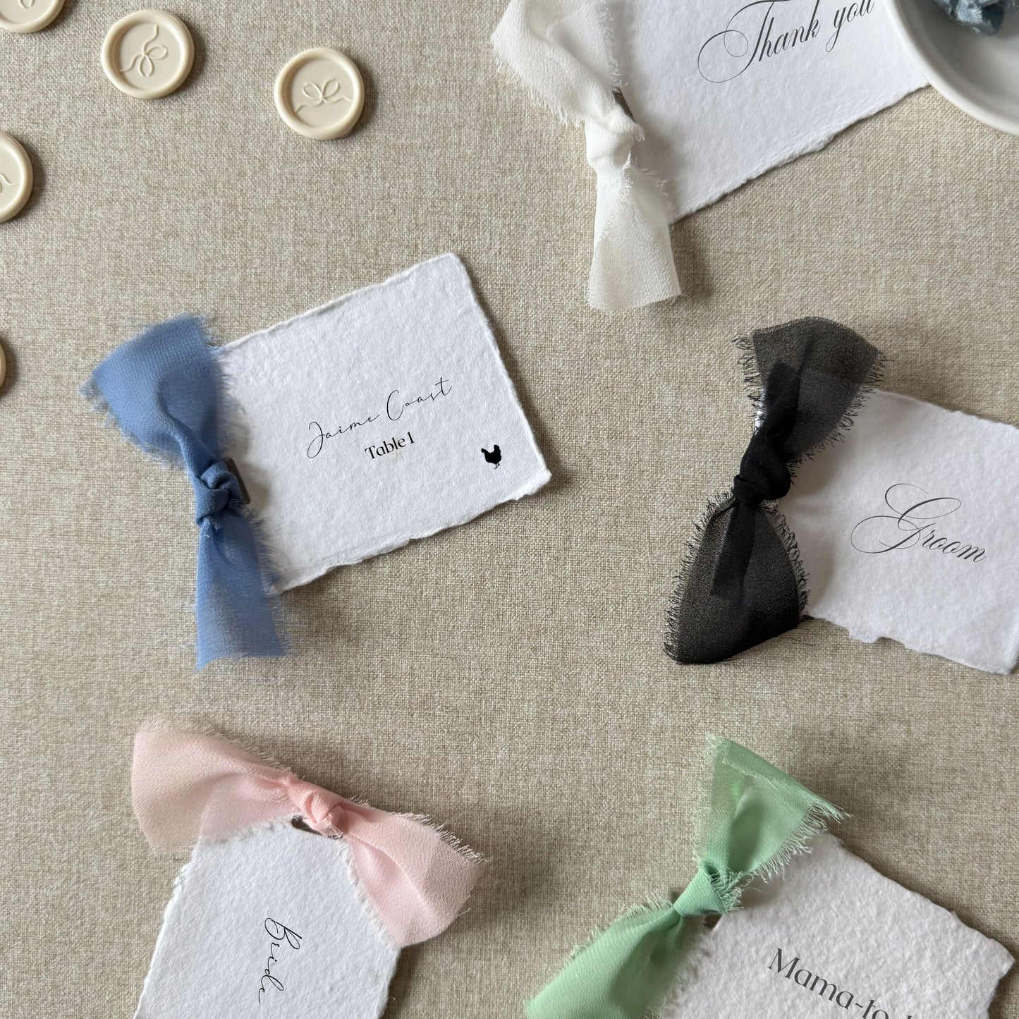 Handmade Paper Place Card with Navy Ribbon | Set of 10 | Printed