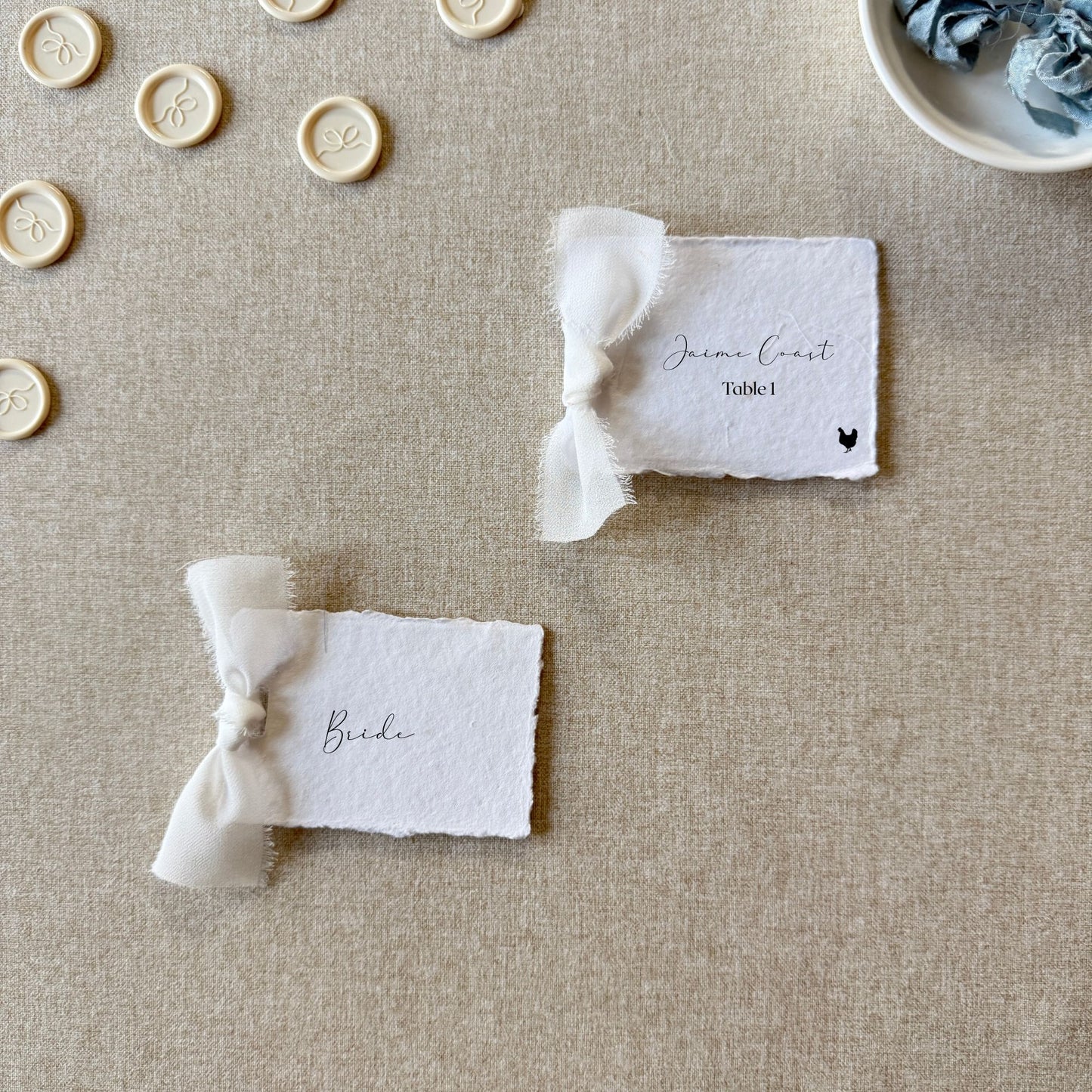 Handmade Paper Place Card with White Ribbon | Set of 10 | Printed