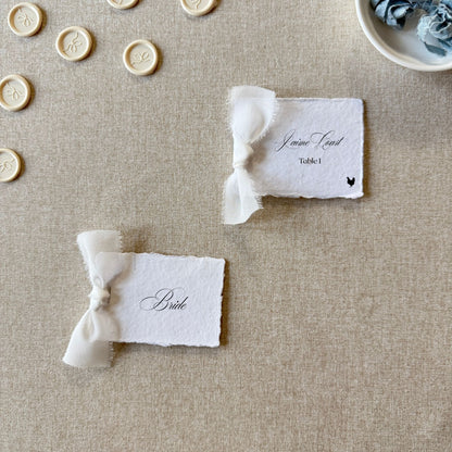 Handmade Paper Place Card with White Ribbon | Set of 10 | Printed