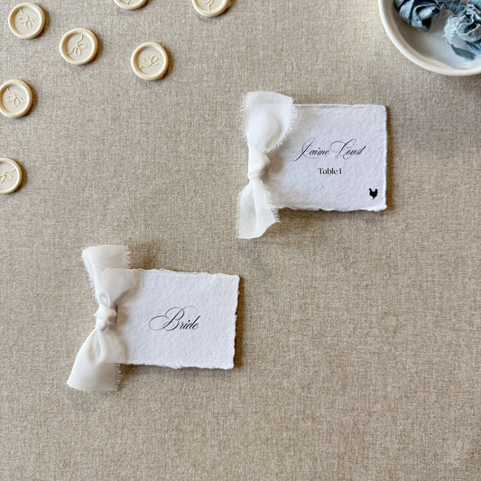 Handmade Paper Place Card with White Ribbon | Set of 10 | Printed